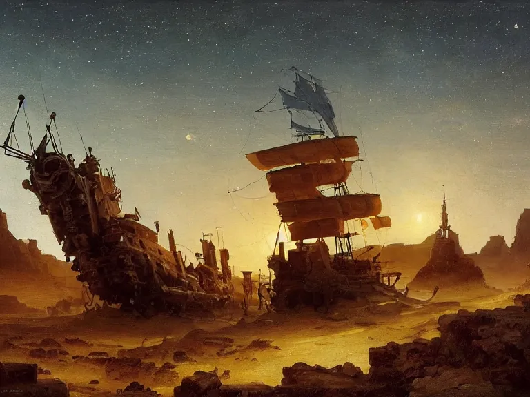 Prompt: an oil painting of an ancient dieselpunk ship in the middle of an alien desert at dusk, aurora and stars light up the sky by carl spitzweg and tuomas korpi. baroque elements, full-length view. baroque element. intricate artwork by caravaggio. Trending on artstation. 8k
