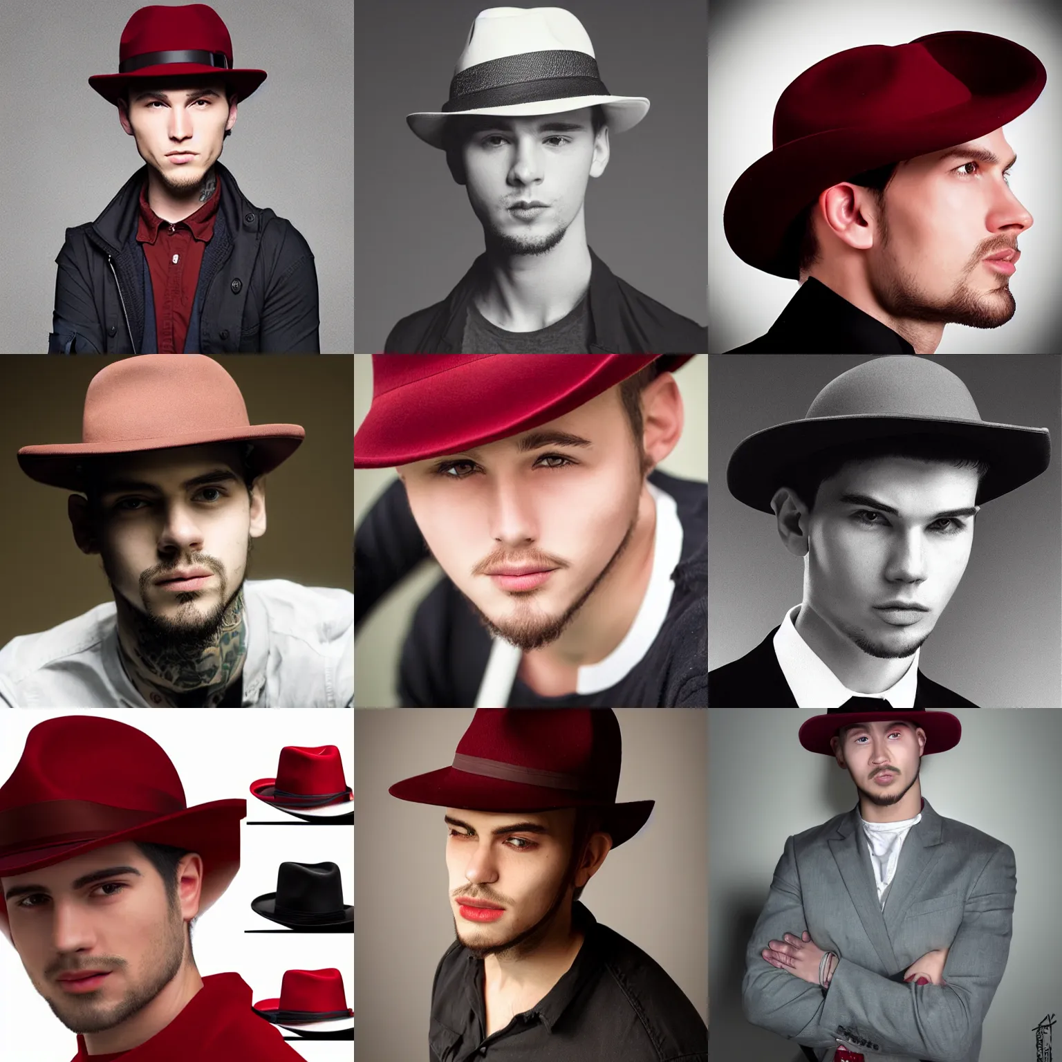 Prompt: young lean face man slanted eyes dark red fedora longer rim hat smirk faint goatee square jawline angle