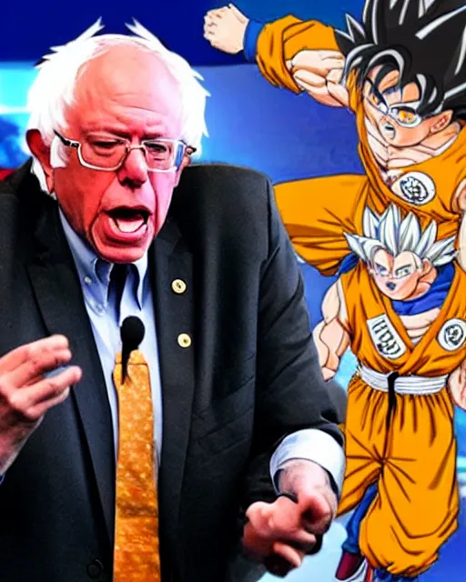 Prompt: bernie sanders as goku in dragonball z, going super saiyan and screaming during filibuster speech