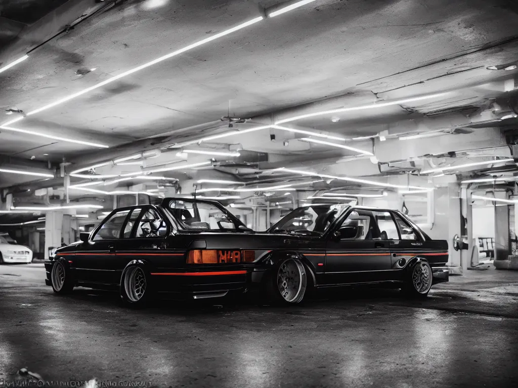 Image similar to a modified bmw e 3 0 with lights on in a futuristic neon parking garage, 3 5 mm photography, car photography, clean lines, realistic