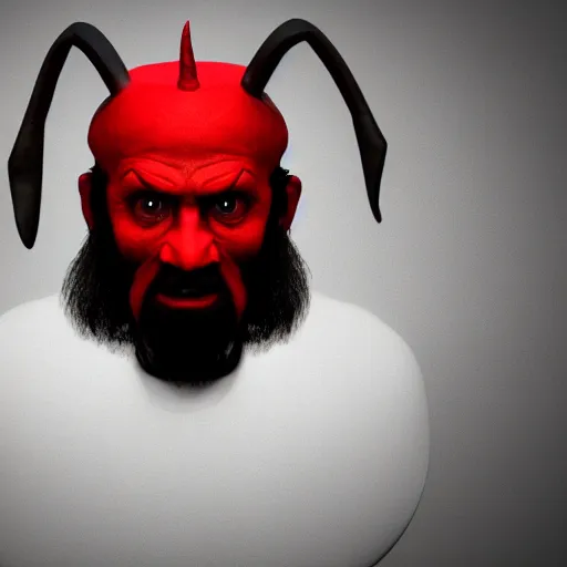 Prompt: A portrait of a Rabbi that is the devil with horns looking at the camera in anger, satan, red skin, dark, ominous, haunting, sinister, close-up, studio lighting, realism, 8k, 3D render, octane 3D, maya, cinema 4D, Blender, red lighting, scary, horror, dark,