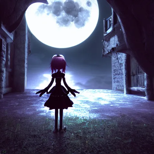 Prompt: full shotof angry darkness cute anime girl at moonlight, gothic wearing, inspired by Tim Burton, Norihiro Yagi, Marc Simonetti, Amano, Juri Misaki, detailed, unreal engine 4k volumetric light, fog,