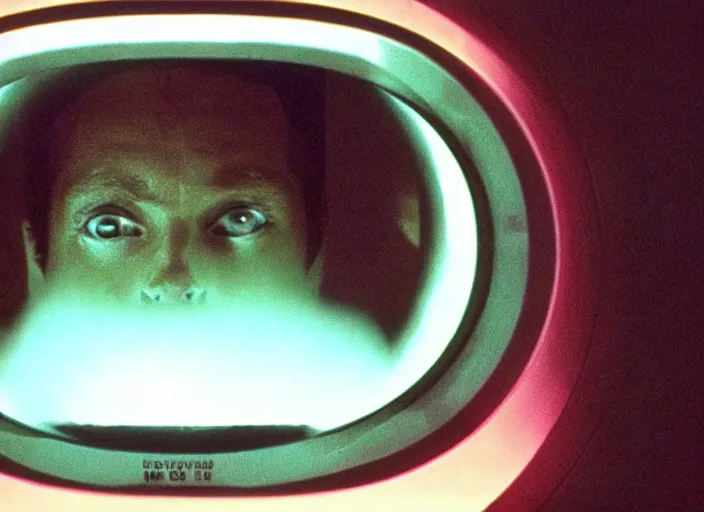 Prompt: film still of HAL from 2001 A Space Odyssey as a washing machine with a glowing red light inside it