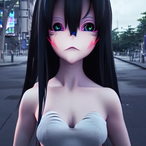 Prompt: a very evil looking 3d anime girl on the street, unreal engine 5 4k render, hazler eyes, evil smile, incredibly high detailed, studio quality, trending on artstation, medium shot, long purple hair