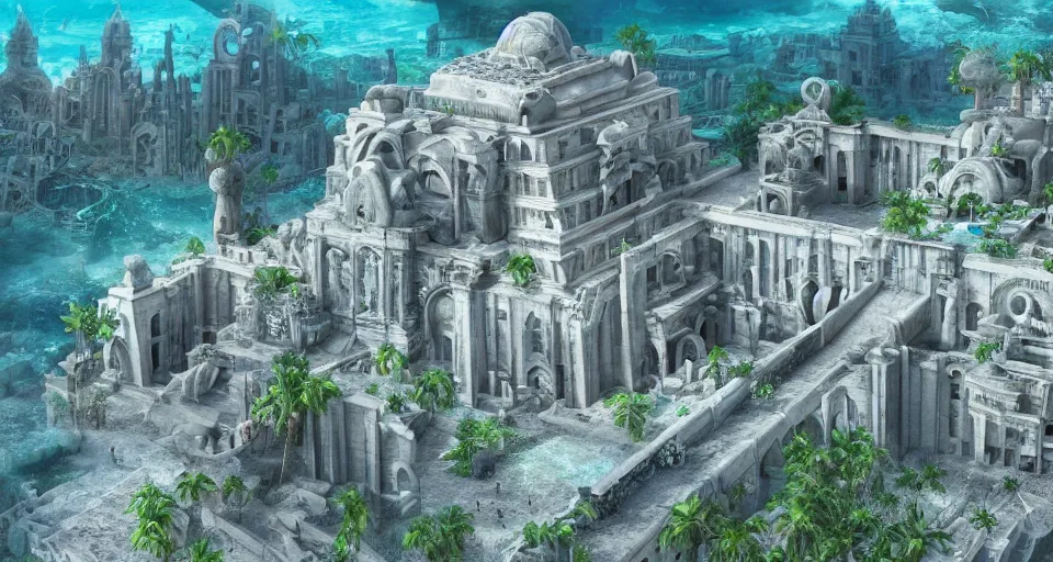 Image similar to the lost city of Atlantis, underwater, from afar, fully built buildings, white marble, hyper detailed, 4K