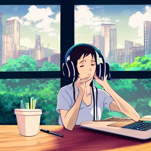 Prompt: a beautiful side view portrait of a beautiful girl sitting on her desktop writing something, headphones on, hand on her chin, nightlamp, digital art, anime, studio ghibli style, window and city background