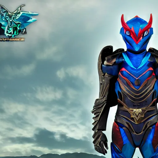 Image similar to High Fantasy Kamen Rider standing in a rock quarry, full body, 4k, glowing eyes, daytime, rubber suit, dark blue segmented armor, dragon inspired armor