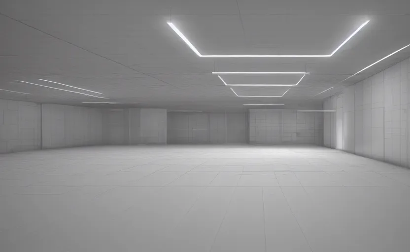 Prompt: empty room, big open floor, large random with colourful 3 d objects, unreal engine and v - ray render.