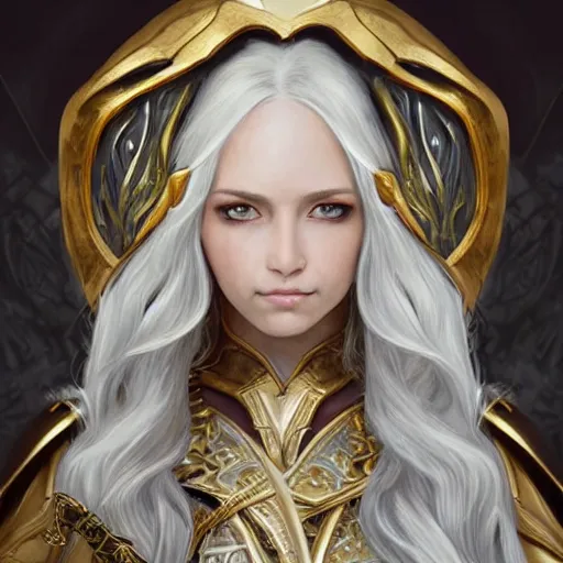 Prompt: portrait of an elven warrior, fantasy, gold armour, white hair, gold helmet, trending on artstation, gsociety, D&D, elegant, highly detailed!!!, digital painting, smooth, sharp focus!!!, upper body, intricate, symmetrical facial features, by greg rutkowski, Alphonse Mucha, Ayami Kojima, Charlie Bowater, Karol Bak, Greg Hildebrandt