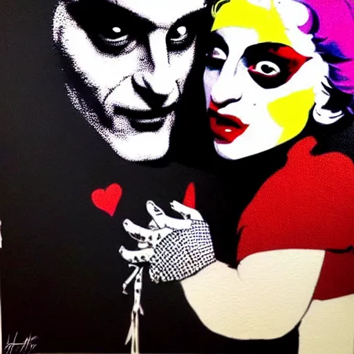 Prompt: mimmo rottela and banksy as joaquin phoenix skinny joker holding hand lady gaga harley queen, photorealistic, intricate details, pop art style, baroque, hyperdetailed, concept art, ultrarealistic, 3 colors, smooth, sharp focus