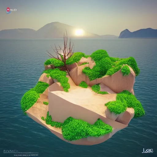 Image similar to a floating island with lago di sorapis landscape isometric art, low poly art, game art, artstation, 3D render, high detail, cgsociety, octane render, sharp focus