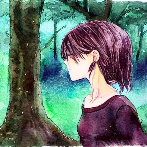 Image similar to a anime girl looking into her own reflection in a puddle of water, she is in a raining forest, watercolor painting