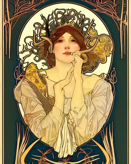 Image similar to an art nouveau painting of a deer with antlers, highly detailed, intricate, artstation, by alphonse mucha