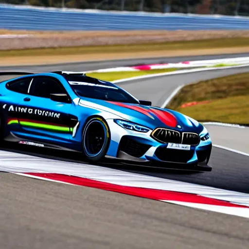 Prompt: a 2 0 1 8 bmw m 8 gte driving on a race track
