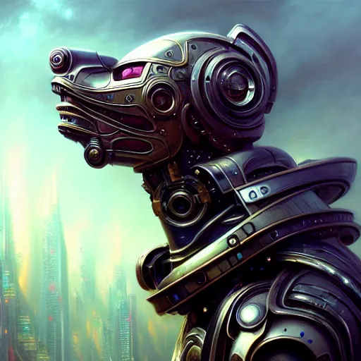 Image similar to low angle portrait shot of a cyberpunk dog robot, intricate, elegant, highly detailed, centered, digital painting, artstation, concept art, smooth, sharp focus, illustration, artgerm, Tomasz Alen Kopera, Peter Mohrbacher, donato giancola, Joseph Christian Leyendecker, WLOP, Boris Vallejo