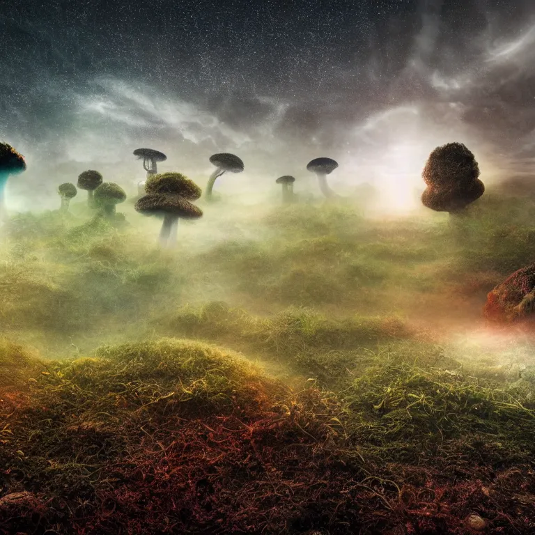 Image similar to a planet of various fungus, mushrooms and plants, inside the picture is infinity, Atmospheric phenomenon, artistic photography, muted colors, conceptual, long exposure outside the city, volumetric light