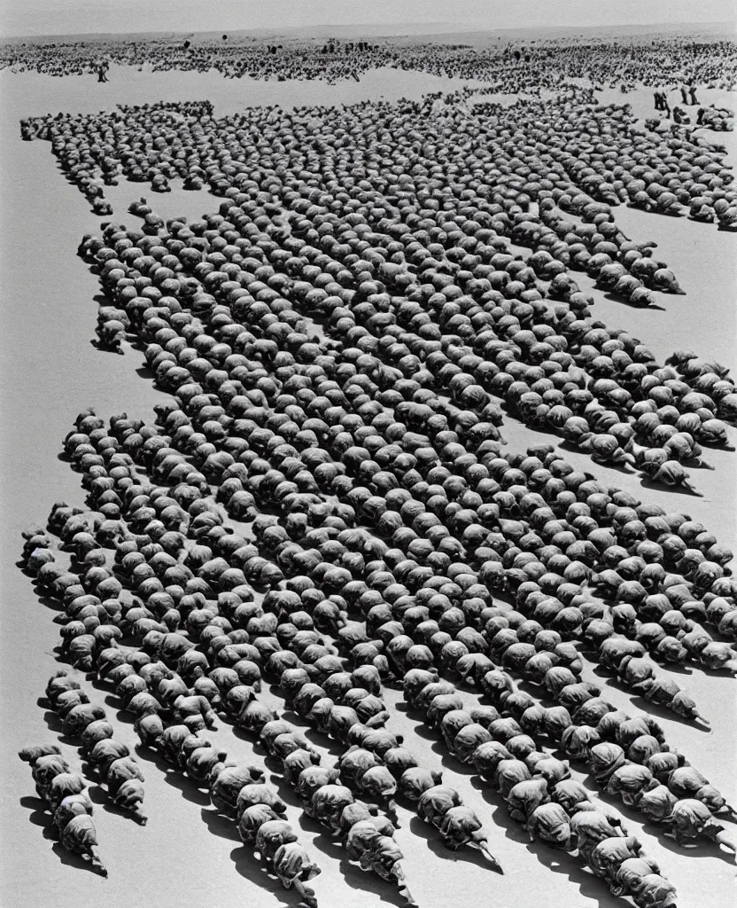 Prompt: a beautiful painting of bombs and soldiers on desert in el alamein battle, wwii, black and white, painted by escher, disorder