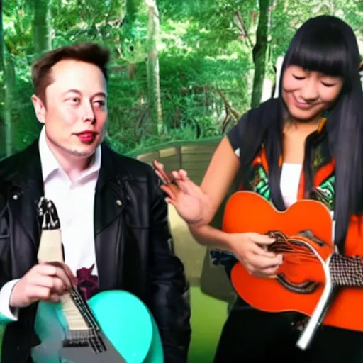 Prompt: A screenshot of Elon Musk with Hatsune Miku in Camp Rock, low quality