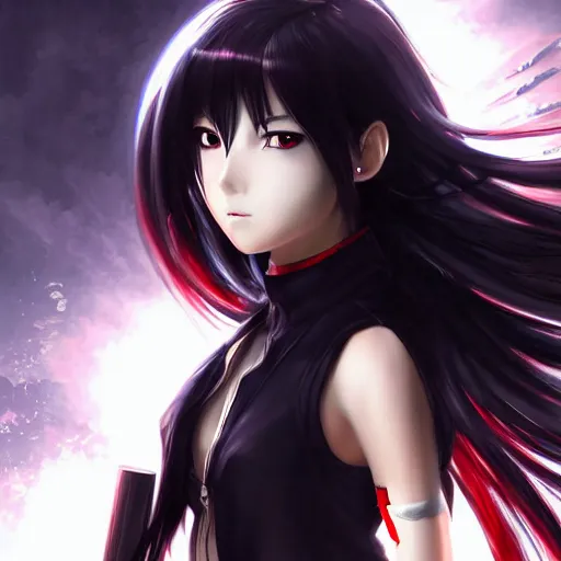 Image similar to advanced digital anime art, cyberpunk girl with silver and red eyes with long black hair wielding a katana , painted by RossDraws in the style of Makoto Shinkai, very high detail, medium sensor , Gaussian blur, f/15 , 35mm —W 1920 —H 1080