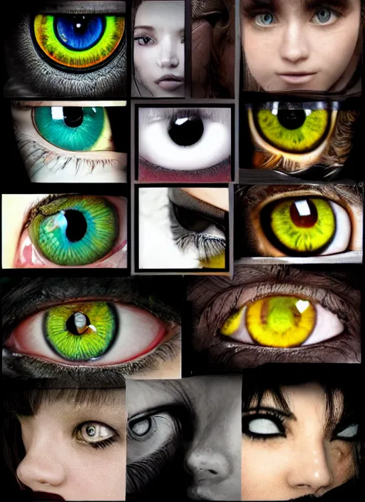 Image similar to grid montage of square shaped eyes, square shaped dilated pupils, square irises, detailed colored textures, eyelashes, advanced art, art styles mix, from wikipedia, wet reflections in eyes, sunshine light, hd macro photograph, from side, various eyelid positions, square black pupil centered