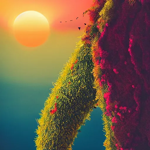 Image similar to A picture of a planet of various colors and plants, in which the human figure is dressed in something magical and impressive, inside the picture is infinity, sunset light, Atmospheric phenomenon, artistic photography, muted colors, conceptual