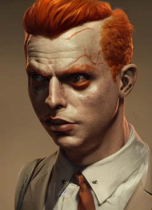 Prompt: biohazard portrait of curly orange hair man from bioshock, au naturel, hyper detailed, digital art, trending in artstation, cinematic lighting, studio quality, smooth render, unreal engine 5 rendered, octane rendered, art style by klimt and nixeu and ian sprigger and wlop and krenz cushart.