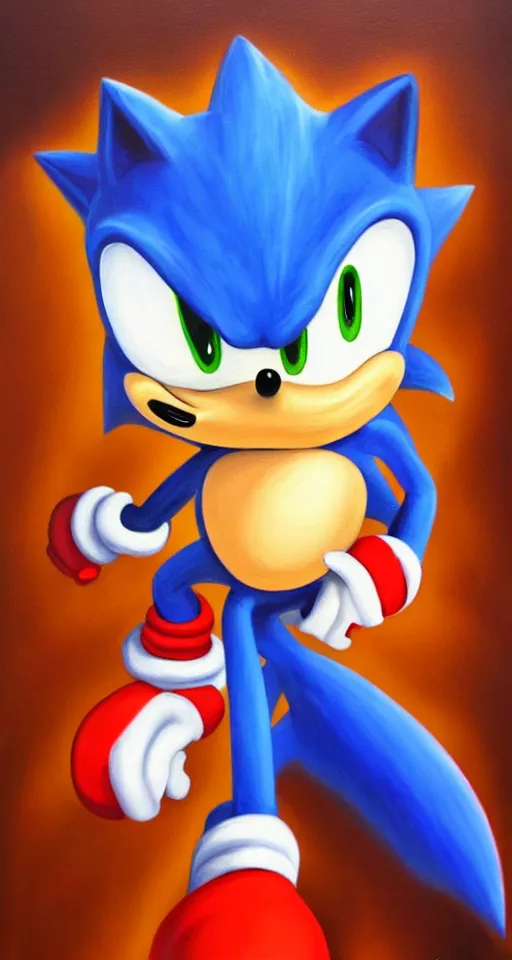 Image similar to sonic the hedgehog portrait painting, chiaroscuro, oil paints on canvas