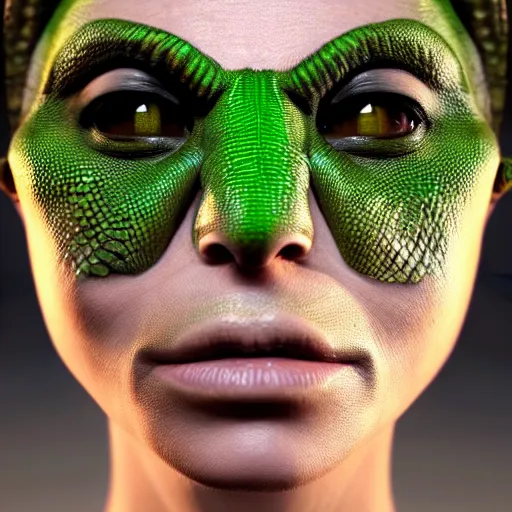 Image similar to portrait of a woman with scaly green skin and reptilian eyes. lizard woman anthropomorphic reptile. ultra HD high detail sharp detail character design zbrush trending on artstation photorealism