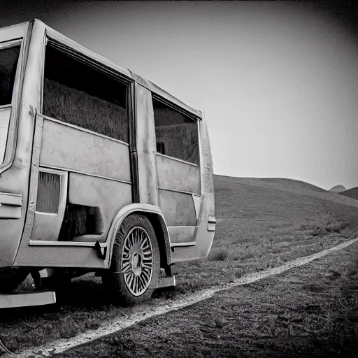 Prompt: a monochromatic sepia photograph of a delorean in a pioneer caravan on the oregon trail, trending on art station,