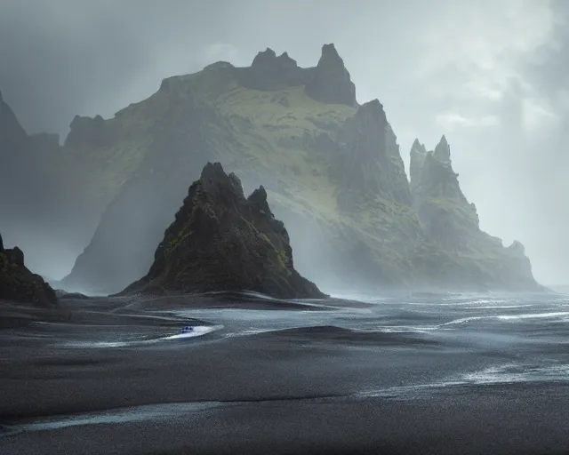 Prompt: Cthulhu,a detailed and photorealistic vast Iceland dark sand land with water and and mountains by Jonathan Berube and David Brochard, blue colour scheme, Rainy and foggy and stormy weather with with sunrays breaking through the clouds, Prometheus movie scene, detailed misty haze, high details, Raytracing, octane render, vivid colors, 32k, denoise, 3d shaders, ambient occlusion, 3d reflections, sub surface scatter, renderman, visual effects, glow, glint, lens flare, halation, chromatic aberration, translucent, refraction, reflection, high sample render, deep colors, dramatic lighting, lensflares in camera