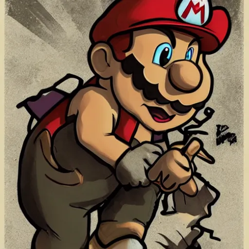 Image similar to mario stomping on a goomba, line art black and white, art by artgerm and greg rutkowski and alphonse mucha