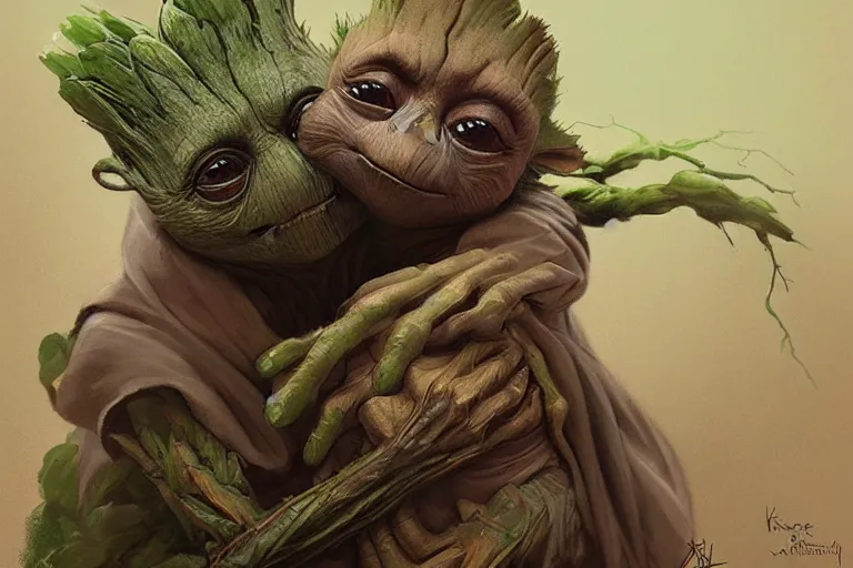 Image similar to Groot hugging Yoda, highly detailed, digital painting, artstation, concept art, smooth, sharp focus, illustration, art by Krenz Cushart and Artem Demura and alphonse mucha