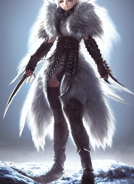 Image similar to warrior, fur - lined wolf armor!!! beautiful and gorgeous white hair female!! monster hunter!! character concept art, sharp focus, octane render! unreal engine 5! highly rendered!! trending on artstation!! detailed linework!! illustration by artgerm, wlop, and chie yoshii