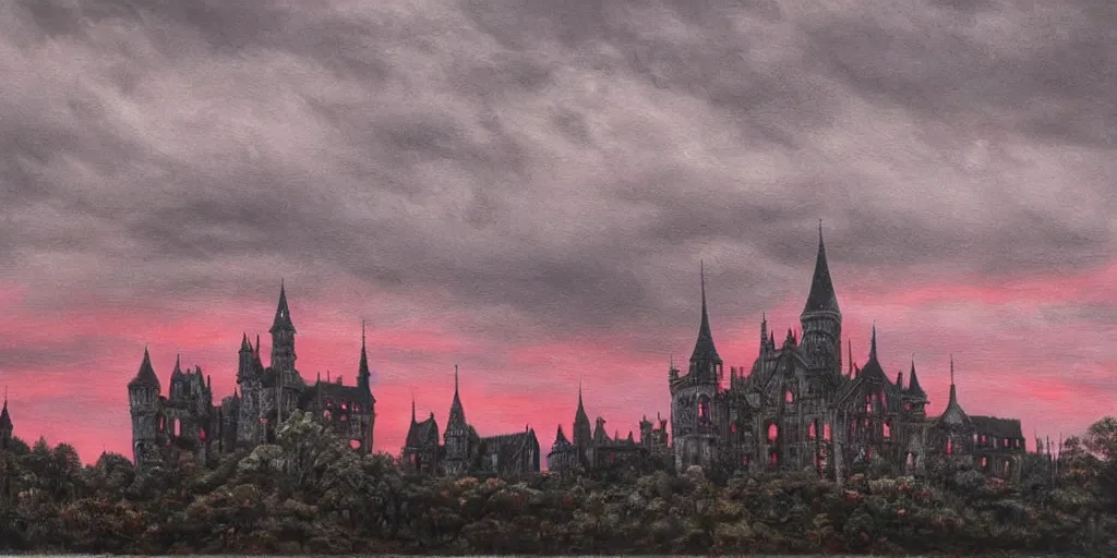 Image similar to a beautiful and gothic castle in the distance. Red sky. Dark ambient. Gothicpunk. Detailed oil on canvas. Art in style of Frances Ann Hopkins. High definition