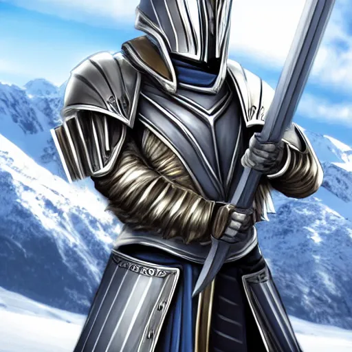 Image similar to paladin wearing silver amour with mirror finish, wielding a longsword that gleams like the sun. he is wearing a teutonic helmet, inside his eyes glow like the sun. background of snowy mountains. anime.