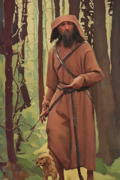 Image similar to slavic dog head man, woolen torso in medieval clothes, painting by nicholas roerich, walking in the forest, orthodox saint christopher, oil painting, painting by viktor vasnetsov, concept art, hyperrealism, beautiful, high resolution, trending on artstation,