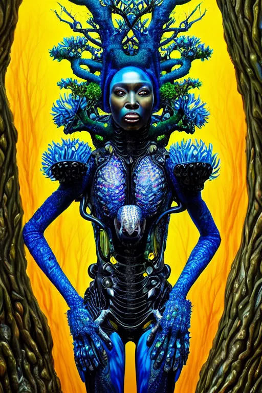 Image similar to hyperrealistic maximalist super expressive! black woman with exoskeleton armor, merging with tree in a forest, highly detailed digital painting masterpiece smooth cam de leon hannah yata dramatic pearlescent blue yellow light ground angle hd 8k sharp focus