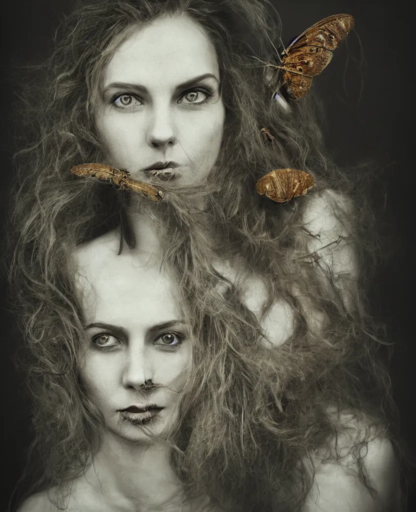 Prompt: head and shoulders portrait of a beautiful woman with a large moth sitting on her face, caterpillars and grubs crawl over her body, long flowing hair, disturbibg and gothic, by Nina Masic by Flora Borsi, by Lee Jeffries