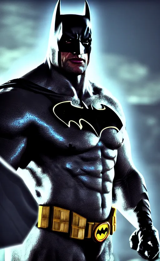 Image similar to dwayne johnson as batman dreamlike with jewelry, character art, hyperdetailed, 8 k realistic, frostbite 3 engine, cryengine, dof, trending on artstation, digital art