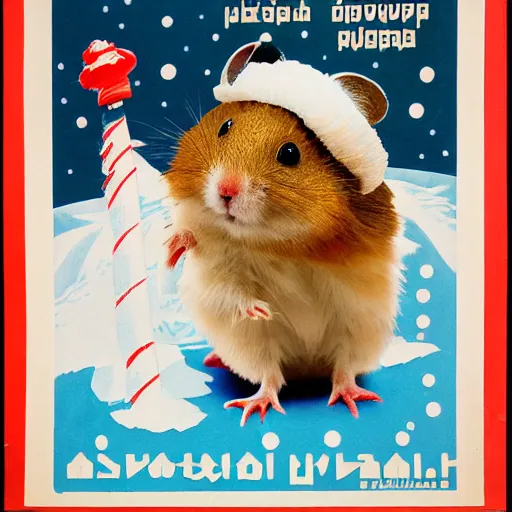 Image similar to a soviet union propaganda poster of a roborovski hamster in a winter hat, detailed, smooth, old, crinkled, red and white colors