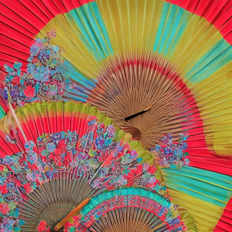 Image similar to japanese pattern, colorful silk fan, digital painting, highly detailed, intricate, elegant, artstation, concept art, colorful, beautiful,