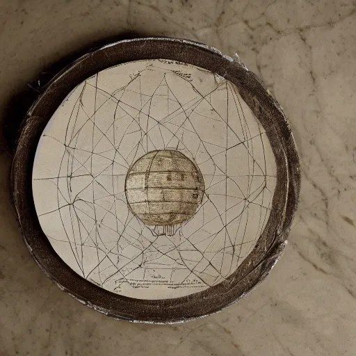 Prompt: A aged parchment with the elegant wireframe design for the Apollo moon lander module in the style of Leonardo da Vinci, on a marble table, candlelight, sigma 85mm f/1.4, award winning photo