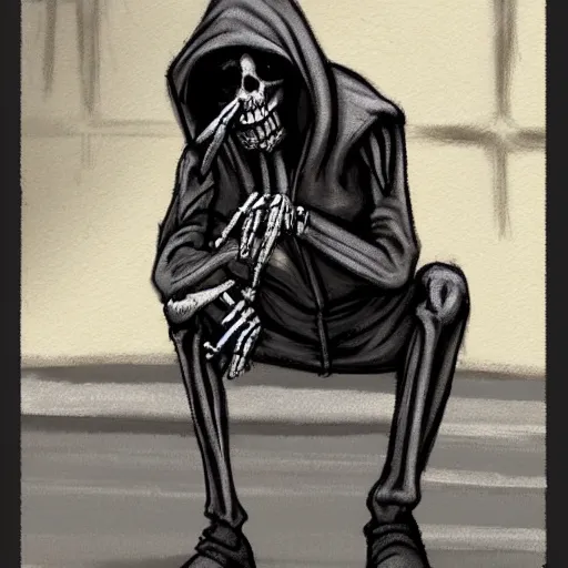 Prompt: a skeleton in a hoodie sitting on the street smoking a cigarette at night, painting artstation dark style
