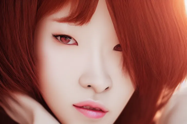 Image similar to hyperrealistic portrait of stunningly beautiful redhead korean girl in a morning light, trending on artstation,ultrawide angle, f8 , unreal engine