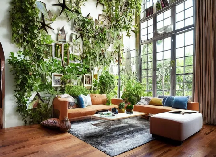 Image similar to interior design of a living room, inspired by nature, lots of plants, star - shaped windows