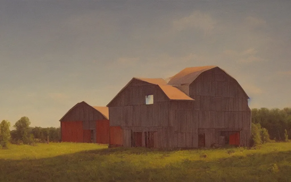 Image similar to a painting of an old haunted empty barn in summer evening, by peteris kalve, oil on canvas