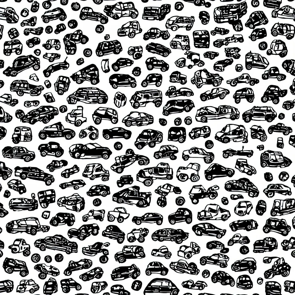 Image similar to seamless tileable pattern showing cars. black and white, drawing, white background, seamless, ornament.