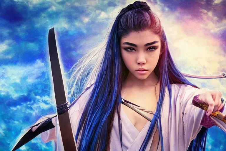 Prompt: highly detailed beautiful photo of madison beer as a young female samurai, practising her sword staces, symmetrical face, beautiful eyes, cobalt blue hair, realistic anime art style, 8 k, award winning photo, pastels colours, action photography, 1 / 1 2 5 shutter speed, sunrise lighting