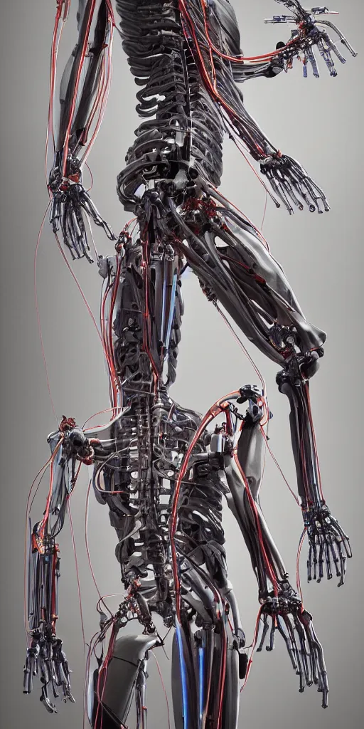 Prompt: medium photographic shot a biomechnical human with artifcial muscle tendons bones, microcircuits, tubes, cables, pumps, in the style of westworld, artificial lighting, cybernetic automatized robot factory, cyberpunk, artificial neon light, photorealistic, ultra detailled, by annie leibowitz