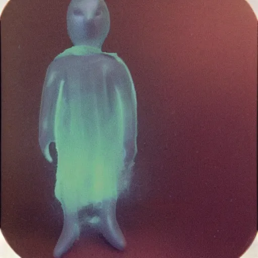 Image similar to coloured atmospheric polaroid 1 9 9 8 photo of a realistic wraith transparent smoky figure in a interior of living room low light